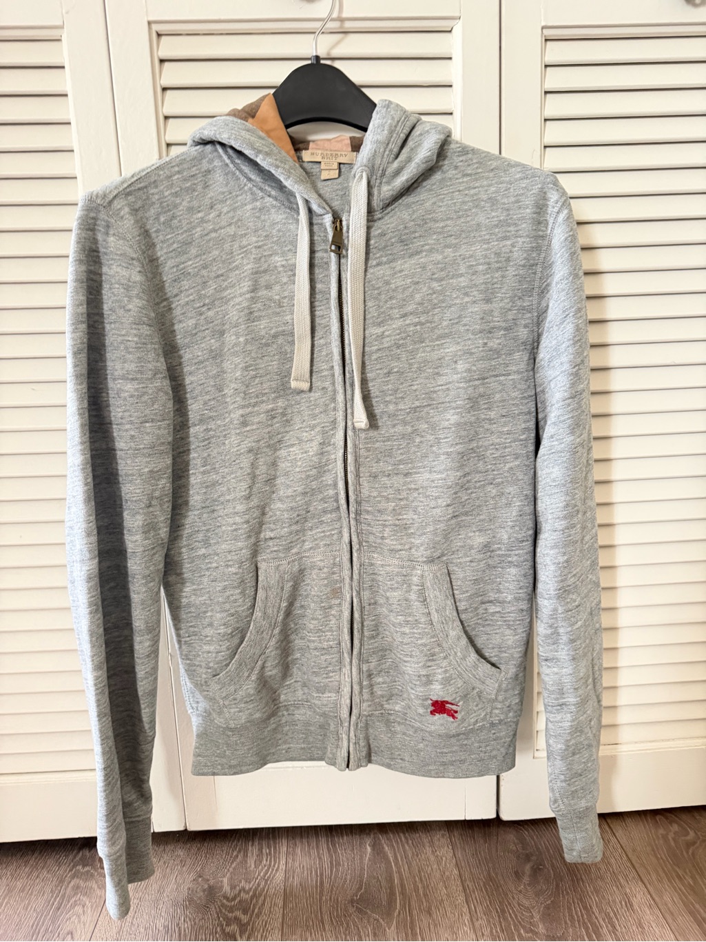 Burberry Light Gray Zip-Up Hoodie With Red Logo